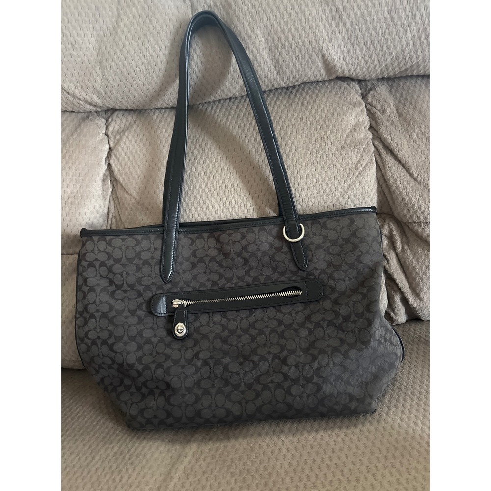 Auth Coach 79579 Signature Taylor Tote, Black & Gray Jaquard with Leather Trim